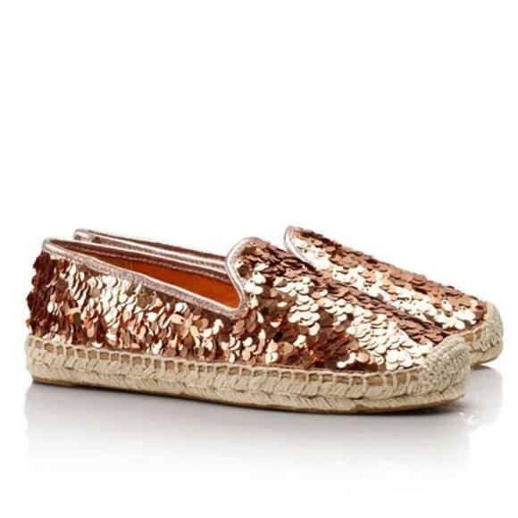Tory Burch Rose Gold Metallic Sequin Mischa Espadrille Flats Size 6 - Picture 1 of 10